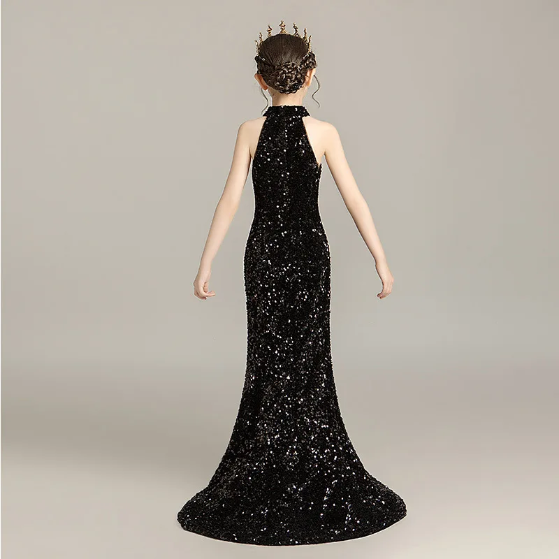 Preto elegante meninas vestidos de noite lantejoulas arrastando traje de formatura para crianças roupas menina festa baile vestido cocktail vestidos