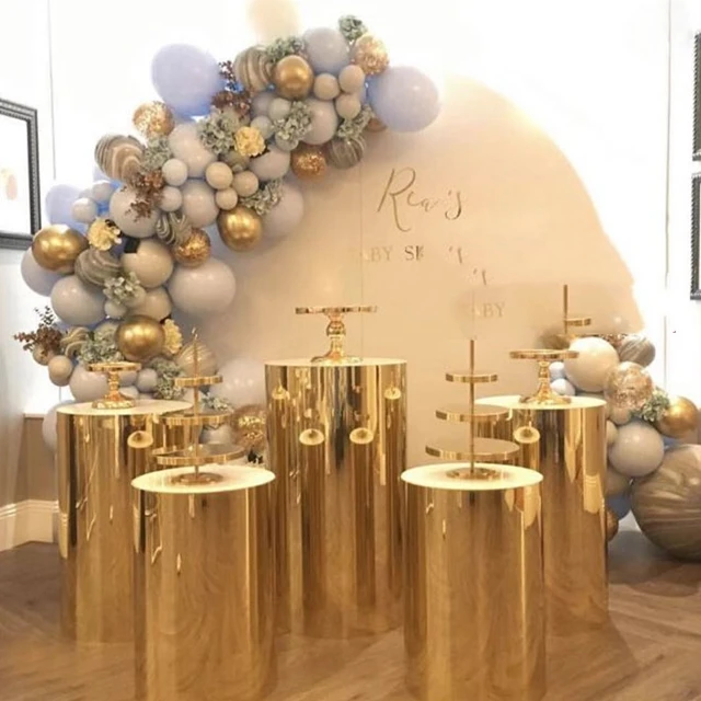 5pcs/set)Wedding pillar column, white round acrylic mirror gold cube plinth  yudao642