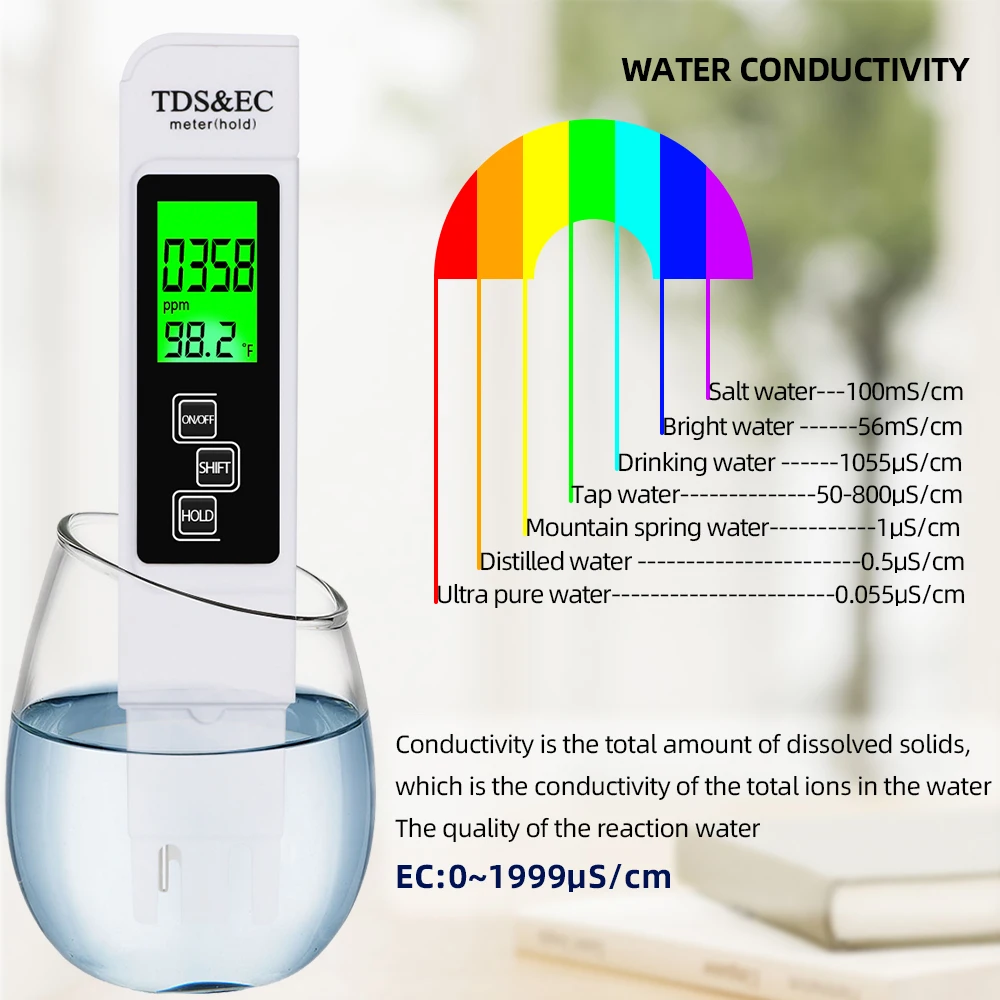 TDS&EC Tester 3 In1 TDS/Temp/EC Meter  0-9990ppm Conductivity Detector Water Quality Monitor Purity Measure Tool for Pool 40%OFF