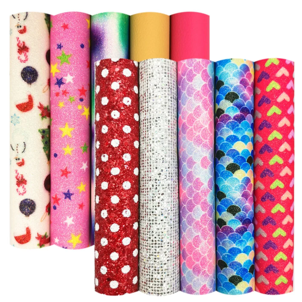 

10pcs/Set PU Printed Leathere Fabric Polka Dot Mermaid Glitter Candy Vinyl Sparkle DIY Bag Bows Earring Widget Case Making A5