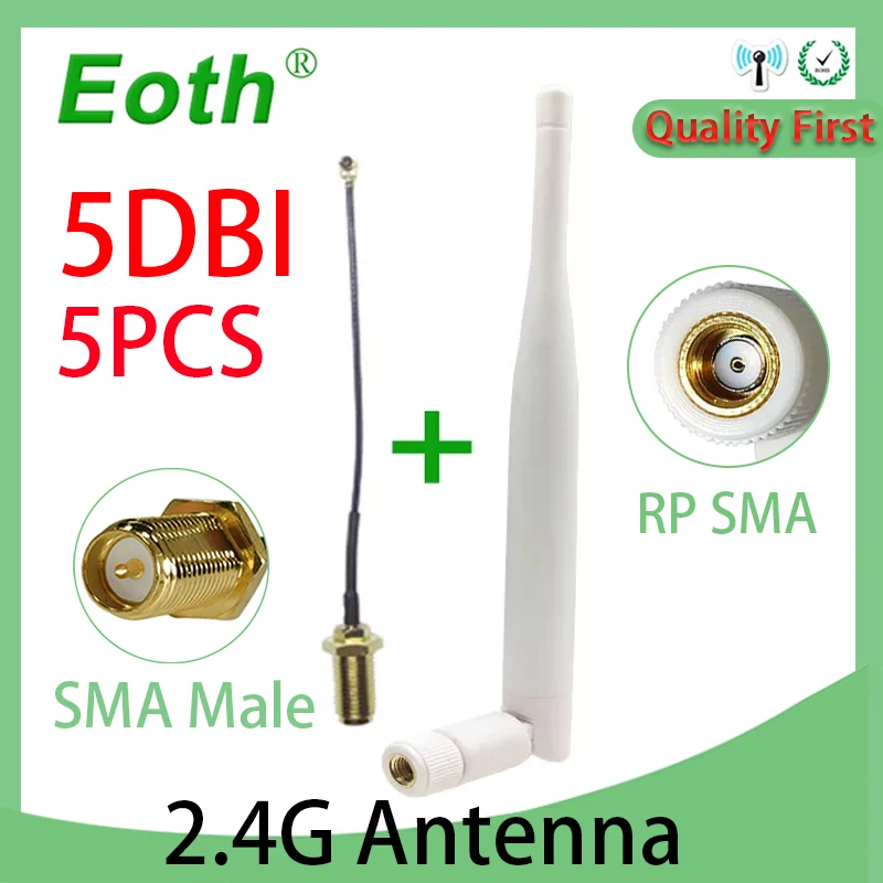 

EOTH 5PCS 2.4GHz 5dBi wifi antenna WiFi RP-SMA Connector 2.4G white Antenne Router + 21cm PCI U.FL IPX to SMA Male Pigtail Cable