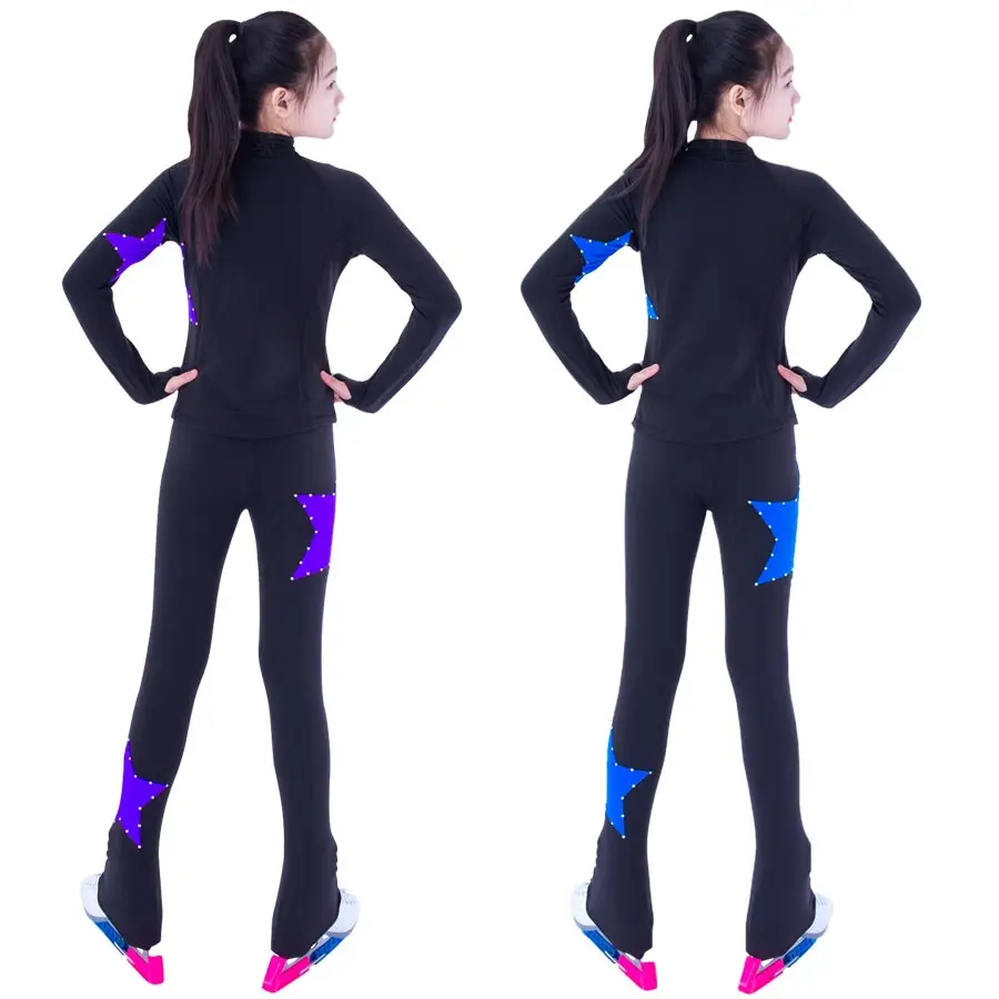 Customized Figure Skating Suits Jacket and Pants Long Trousers for Girl Women Training Ice Skating Warm black pink Mesh sleeve