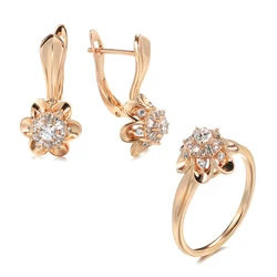 Kinel New 585 Rose Gold Crystal Flower Women Earrings Ring Sets Natural Zircon Earrings Trend Unusual Creative Wedding Jewelry