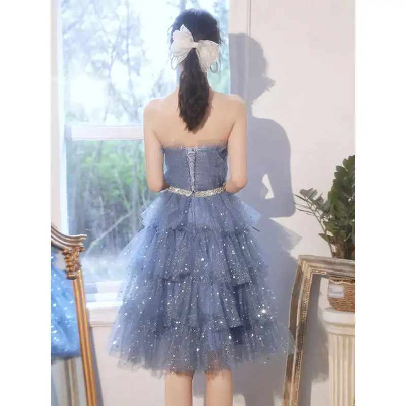 Sexy Shiny Blue Tulle With Stars A Line Prom Dresses Spaghetti Straps Bow Tied Ankle Length Evening Party Gowns Maxi Dress New