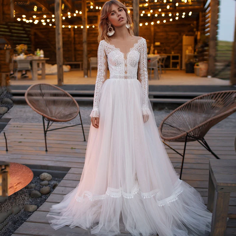 

Bohemian Long Sleeve Wedding Dress A-Line Sheer V-Neck Lace Applique Illusin Back Bridal Gown Train Vestidos De Novia Customized