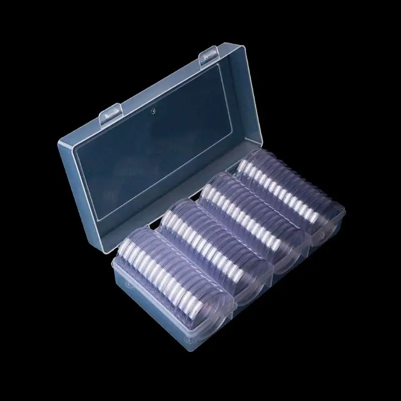 60Pcs Clear Round 41mm Direct Fit Coin Capsules Holder Display Collection Case With Storage Box For 1 oz American Silver