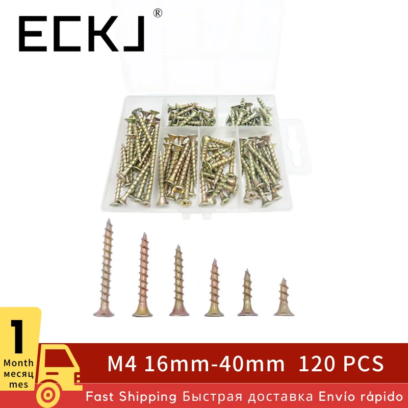 

ECKJ 120pcs/Set Flat Head Drywall Cross Recessed Countersunk Fibreboard Screw Kit Self-Tapping Wood Phillips Chipboard Screws M4