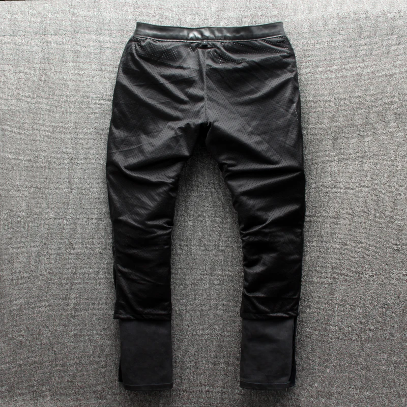 Men Slim Motorcycle Cowhide Trousers Brand Windproof 100% Real Leather Skinny Pants Street Punk Black Zipper Pants Plus Size 4XL