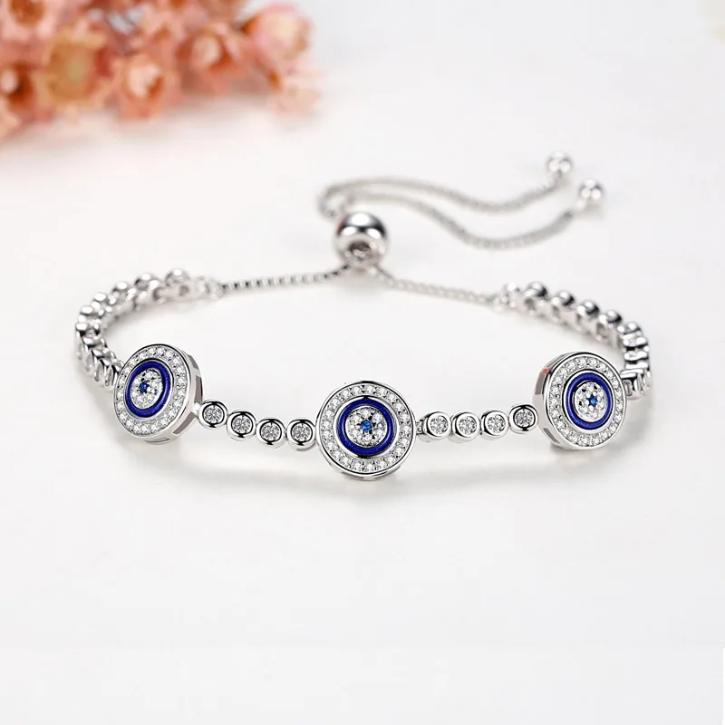 TONGZHE 925 Sterling Silver Tennis Woman Bracelets Jewelry Cubic Zirconia Blue Round Hamsa Evil Eye Bracelet For Women Men