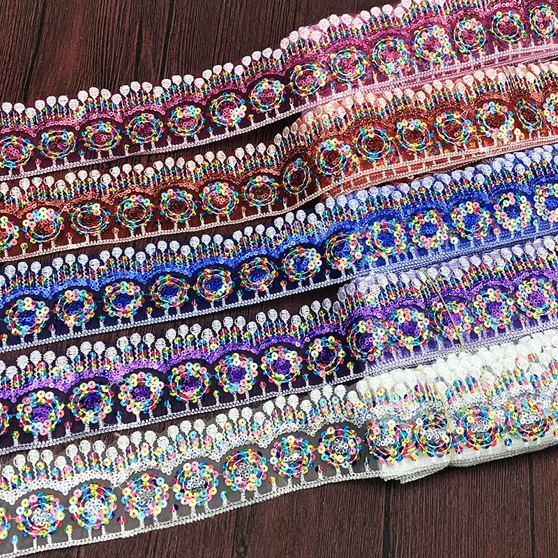 10 Yards/lot Polyester Embroidery Colorful Sequins Ripple Lace Ribbon Trims  DIY Clothing Accessories Patchwork 5cm Wide