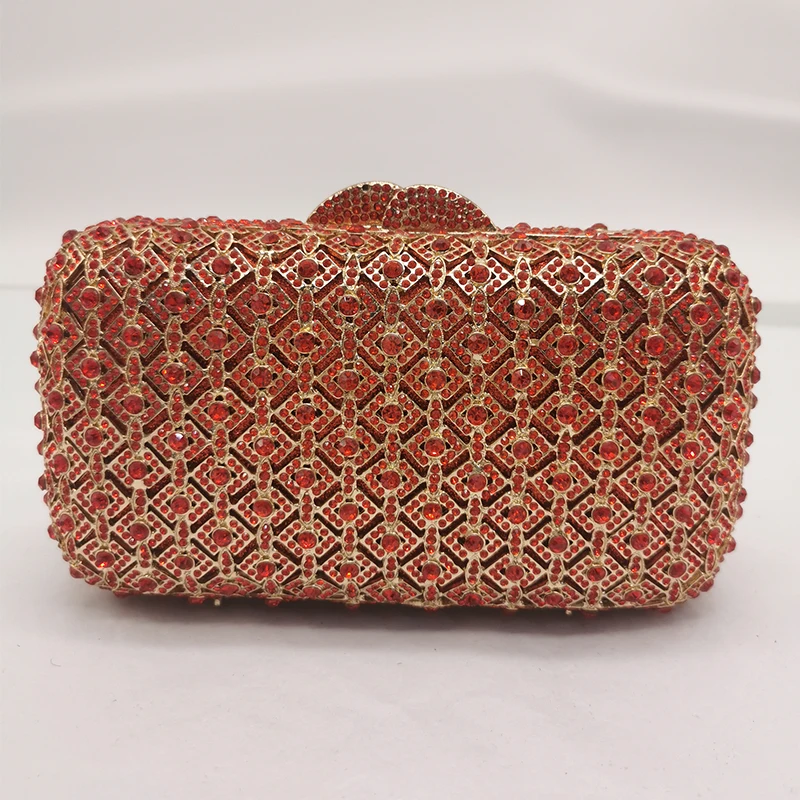 Free Shipping Gold Diamond Red Rhinestone Purses Designer Crystal Clutch Bags High Quality Women Wedding Bridal Chain  Handbag