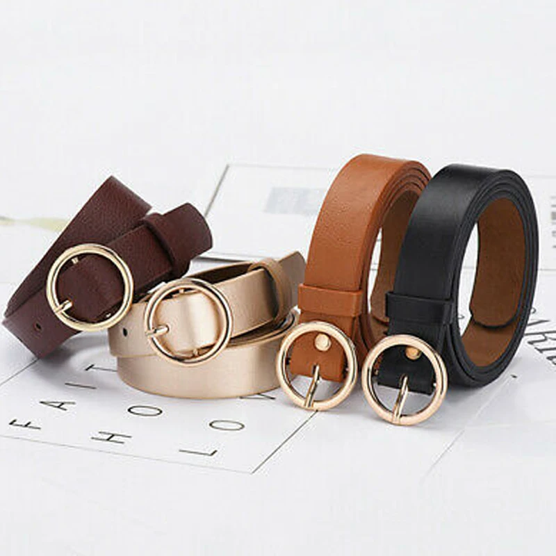 Fashion Women Belt Classic Solid Leather Waistband Versatile Circle Buckle Wide Belt Blue Khaki Black White Champagne