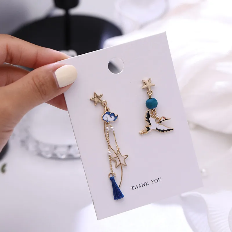 Chinese Style Folding Fan Crane Carp Lotus Asymmetrical Long Tassel Dangle National Style Earrings for Women Jewelry Gift
