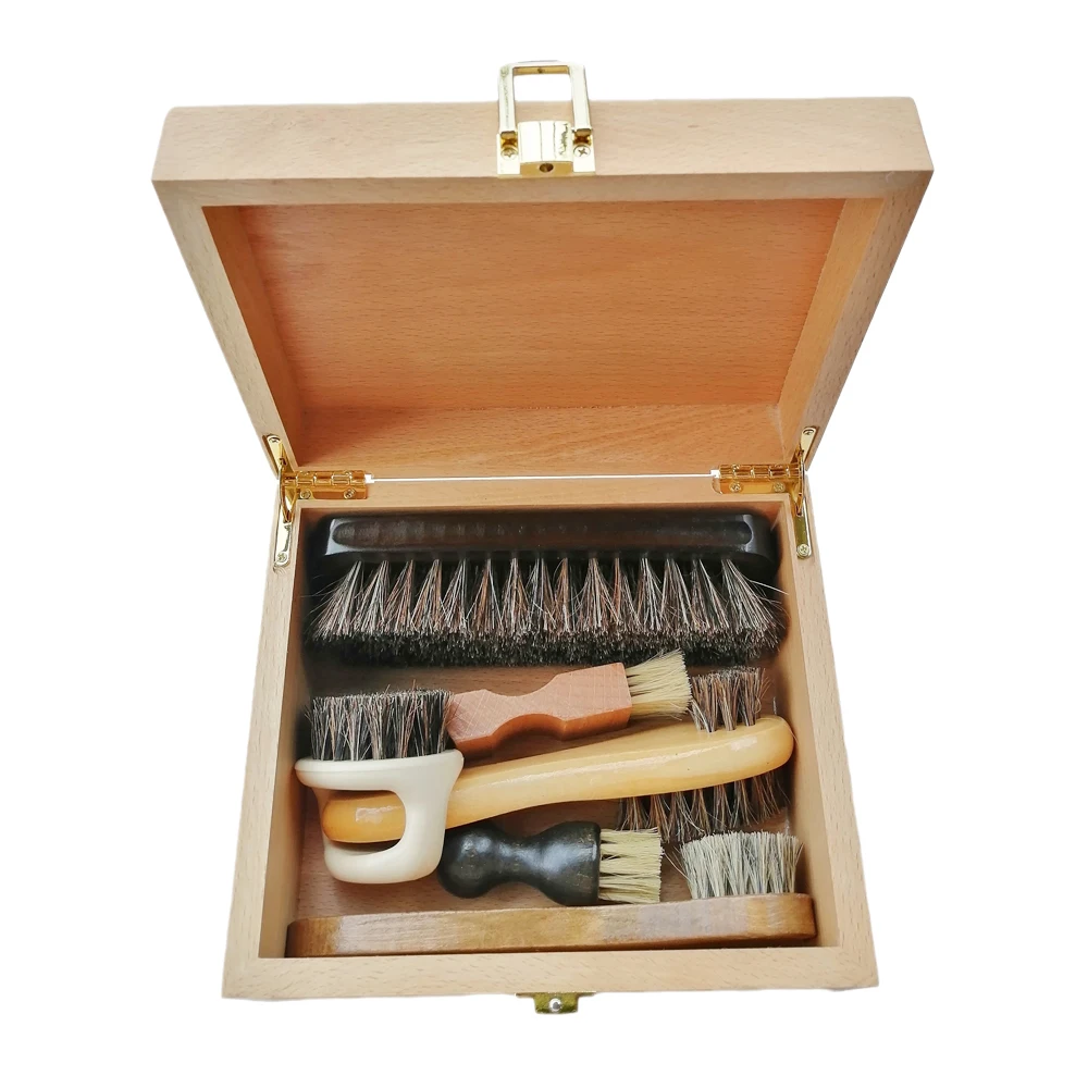 Handmade Strong and Durable Shoe Brush Storage Box, Natural Wood, Clamshell Cleaning Tool, Toolkit