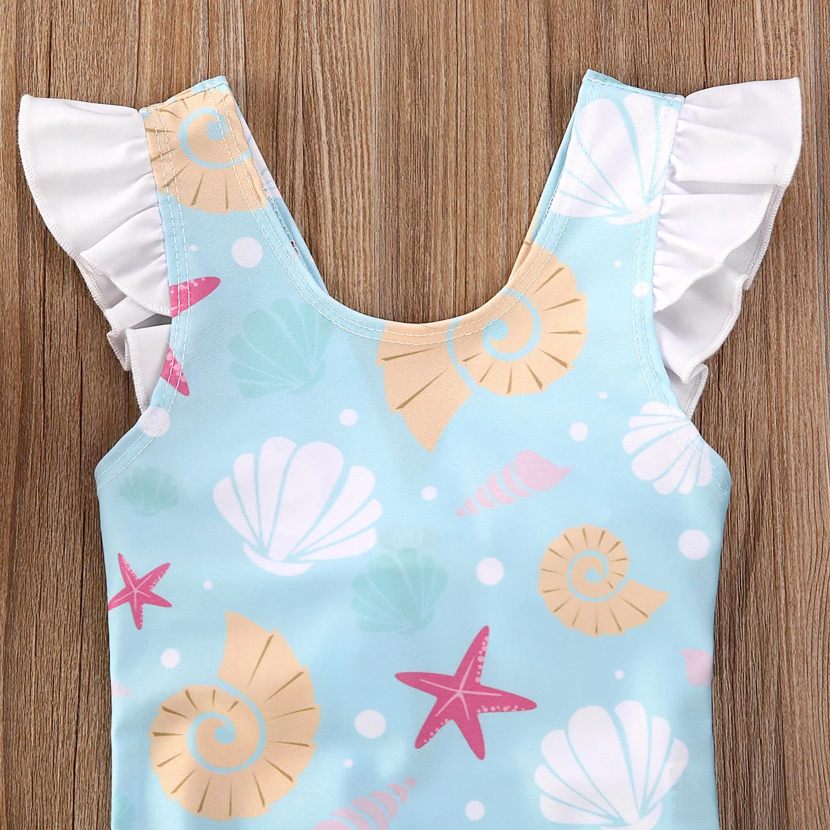 Summer Baby Girls Swimwear Sleeveless Ruffles Shell Starfish Print Swimsuit Kids Cute Bow Backless Beachwear 6 Months-3 Years