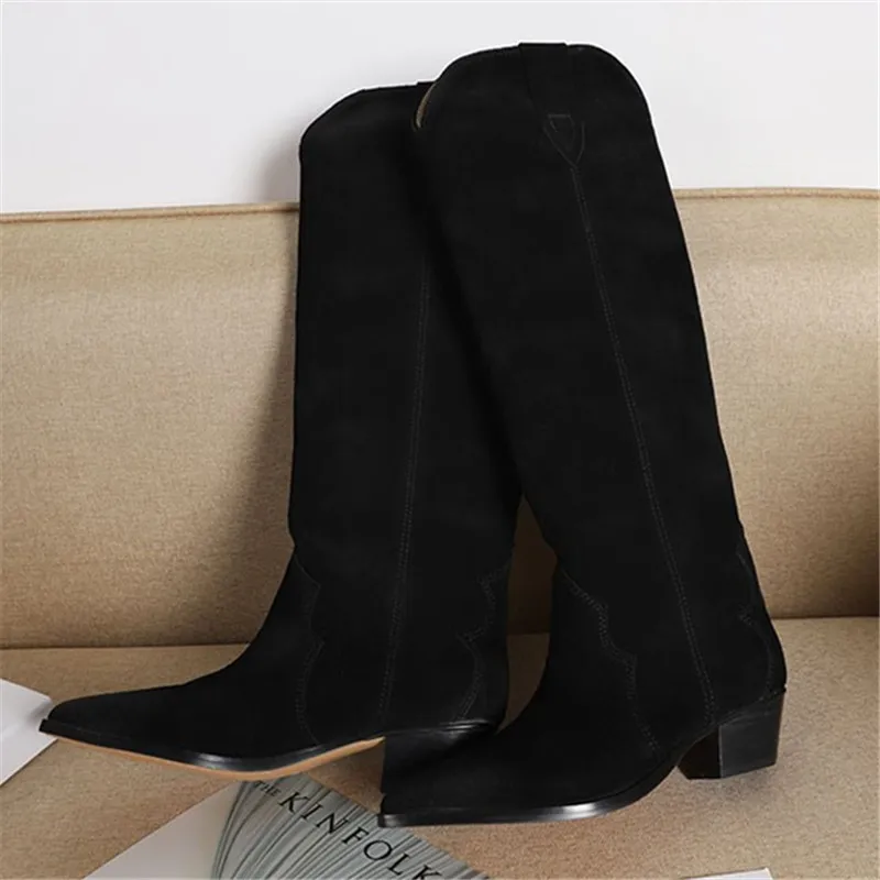 2024 New Cow Suede Women Riding Boots Retro Slip-on Chunky Heel Shoes Knee High Boots Pointed Toe Autumn Ladies Motarcycle Botas