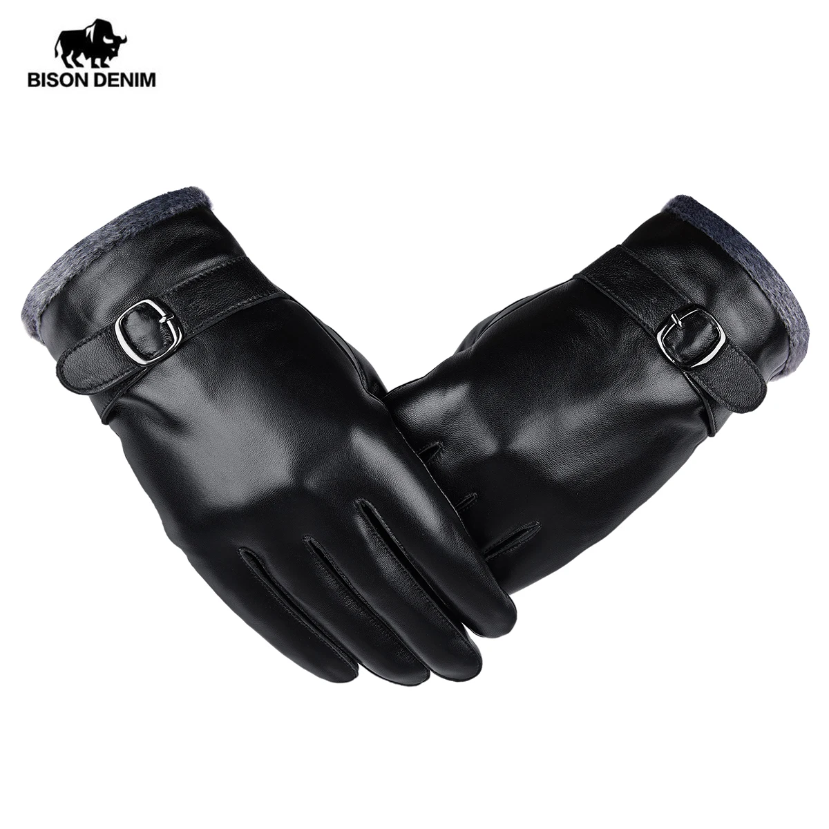 BISON DENIM Sheepskin Keep Warm Gloves Male Winter Touch Screen Design Sheepskin Men's Genuine Leather Black Gloves for Man S124