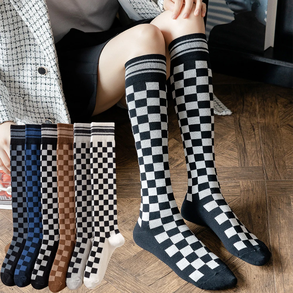 Salina Women\'s Socks Combed Cotton Fall Winter Spring New Checkerboard Medium Tube Calf Socks Fashion Leisure Sports Comfortable