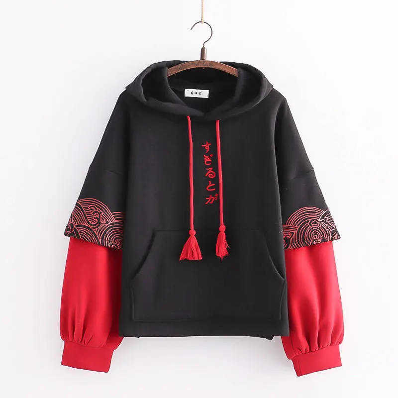 Winter Harajuku Fashion Aesthetic Hoodie Women Japan Kawaii Autumn Black Red Print Fleece Hooded Sweatshirt Thick Warm Pullover