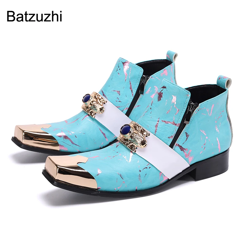 

Batzuzhi Western Handmade Men's Boots Square Metal Toe Genuine Leather Boots Ankle Zip Rock Botas HombreBlue Party Wedding