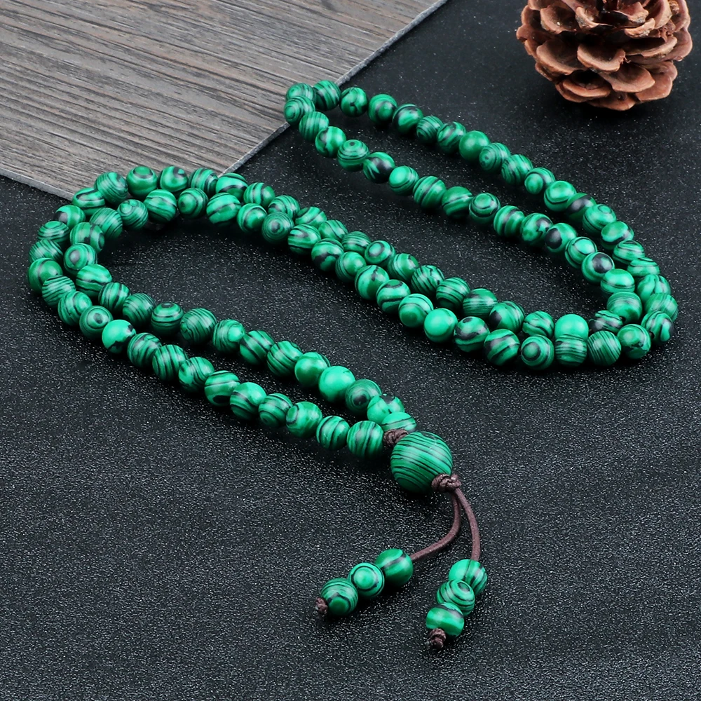 Natural Malachite Stone Bracelet Tasbih Musulman Rosary Prayer 108 Beads Elastic Budda Necklace Charm Wrist Bangles Jewelry Gift