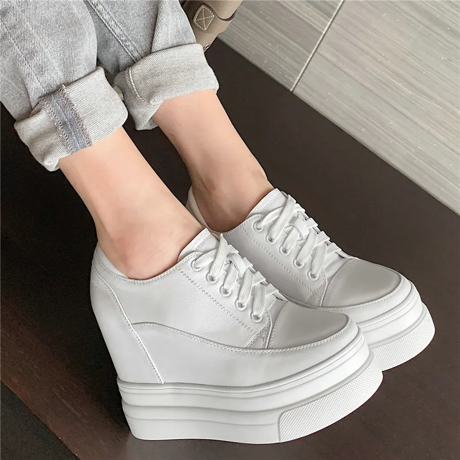 Casual Shoes Women Genuine Leather Wedges High Heel Vulcanized Shoes Female Round Toe Punk Sneakers Chunky Platform Pumps Shoes