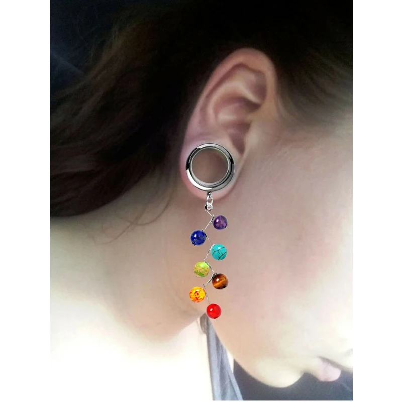 2PCS Stainless Steel Ear Plugs Tunnels 7chakra Dangle Stone Expansiones De Oreja Dilataciones Earrings Piercing Ear Reamer 4-25