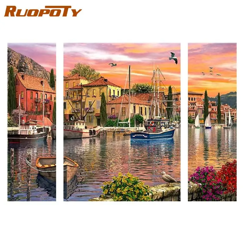 RUOPOTY 3pc/set DIY Paint By Numbers Kits With Frame Water Boat Wall Art Picture By Numbers For Home Decors