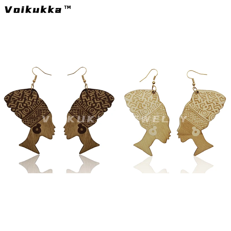 VOIKUKKA Jewelry Portrait Sculpture Head Wrap Laser Cutting Engraving Wooden Women Drop Dangle African Women Cute Earrings