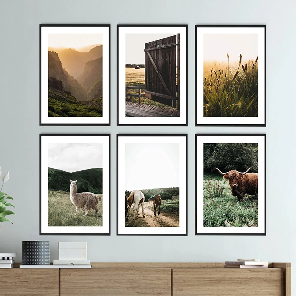 

Canvas Wall Painting With Animal Print, Alpaca, Cow, Horses, Natural Plant Art Sheet Landscape Picture for Living Room Home Deco