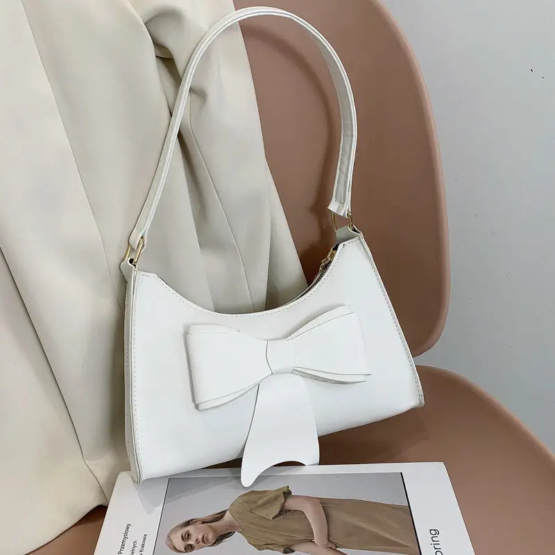 Shoulder Bags Women White Bow Ladies Underarm PopularVintage Fashion Designer Luxury All-match Zipper Branded New Ins Handbags