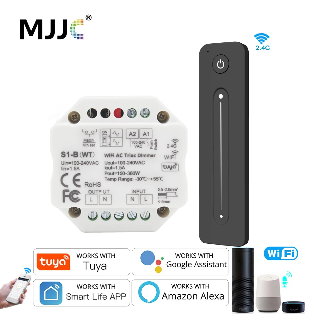 Tuya Triac Dimmer Switch 220V 110V 230V AC No Neutral 2.4G Smart Wifi LED Dimer for Bulb Lamp Work with Alexa Remote Control