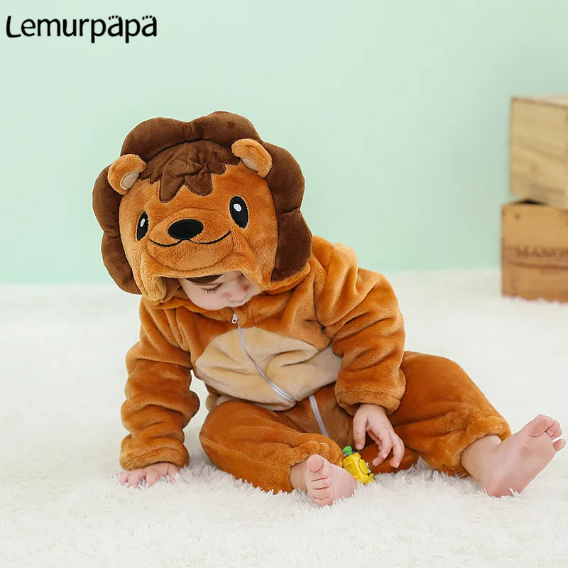 Baby Boys Girls Thicken Onesie Infant Winter Warm Zipper Hoodie Jumpsuit Anime Cartoon Lion Rompers Pajamas