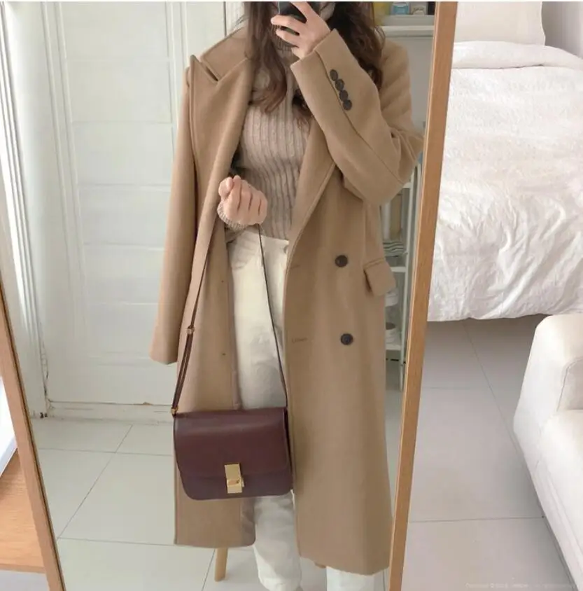 

autumn winter fashion double breasted woolen coat women long thick wool blends coat