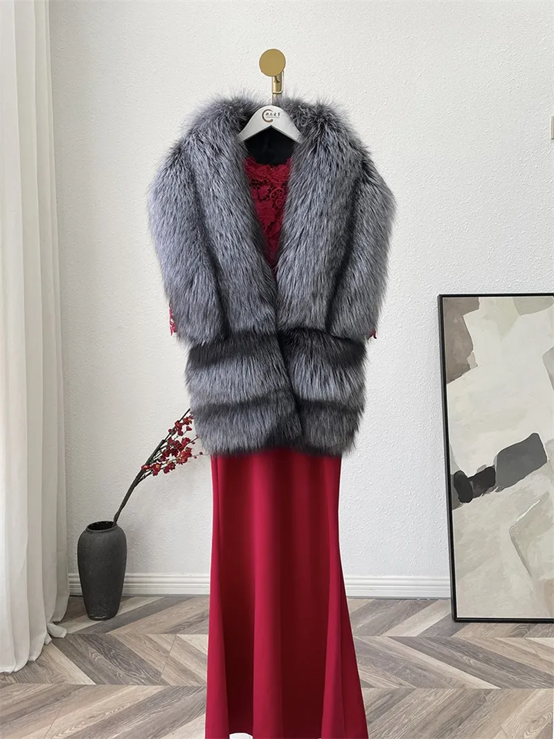 

Winter Ladies Shawl Natural Fox Fur Scarf Luxury Genuine Fox Fur Large Size Scarf Pocket Fashion Evening Dress