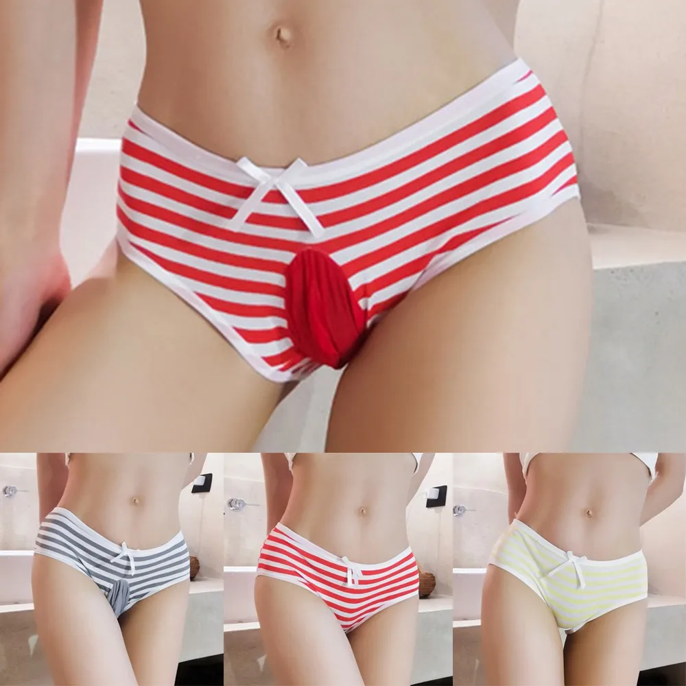 Womens Mens Striped Sissy Pouch Penis Sheath Panties Underwear See Through Sexy Lingerie Thong Shorts Gay Male T-Back Panties