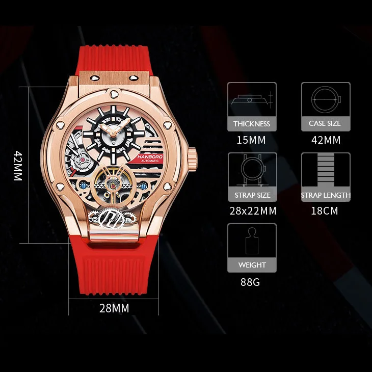 HANBORO Mens อัตโนมัตินาฬิกาหรูหรานาฬิกาผู้ชายนาฬิกาข้อมือกันน้ำ Luminous Skeleton Dial Tali Jam Tangan Karet