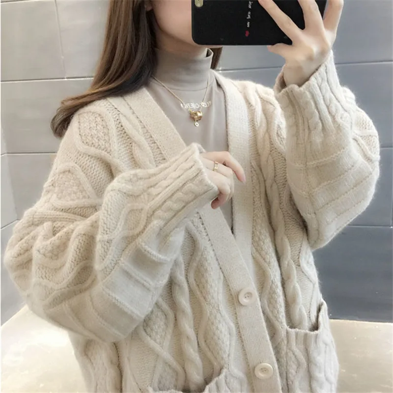 Autumn Winter Thick Warm Loose Long Cardigan Sweater Women Big Pocket Long Sleeve Knit Jacket Coat 6 Color Knitted Tops Female