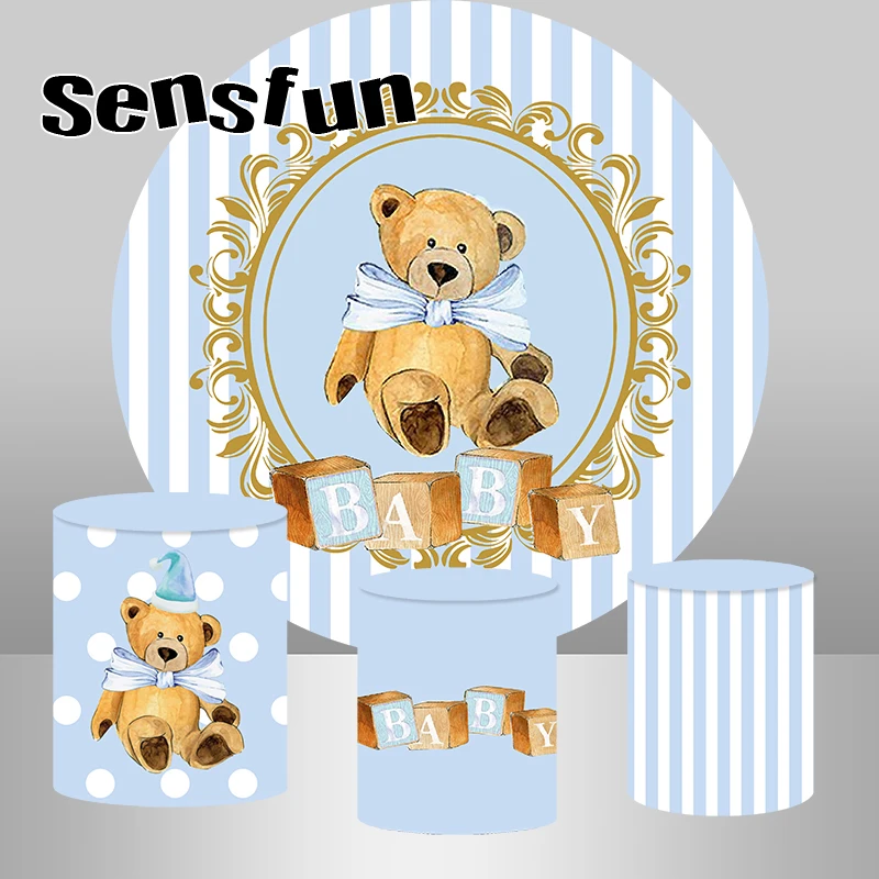 

Sensfun Cute Bear Theme Round Backdrop Cover Boys Newborn Baby Shower 1st Birthday Party Circle Background Cylinder Covers