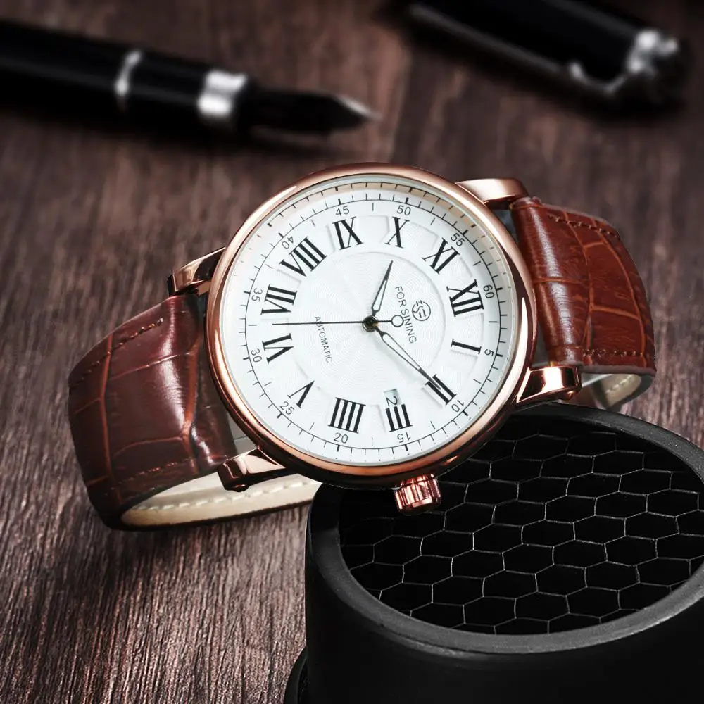 Forsining Classic Retro Automatic Mens Watch Rose Gold Case Calendar Luxury Brand Brown Leather Belt Business Mechanical Watches