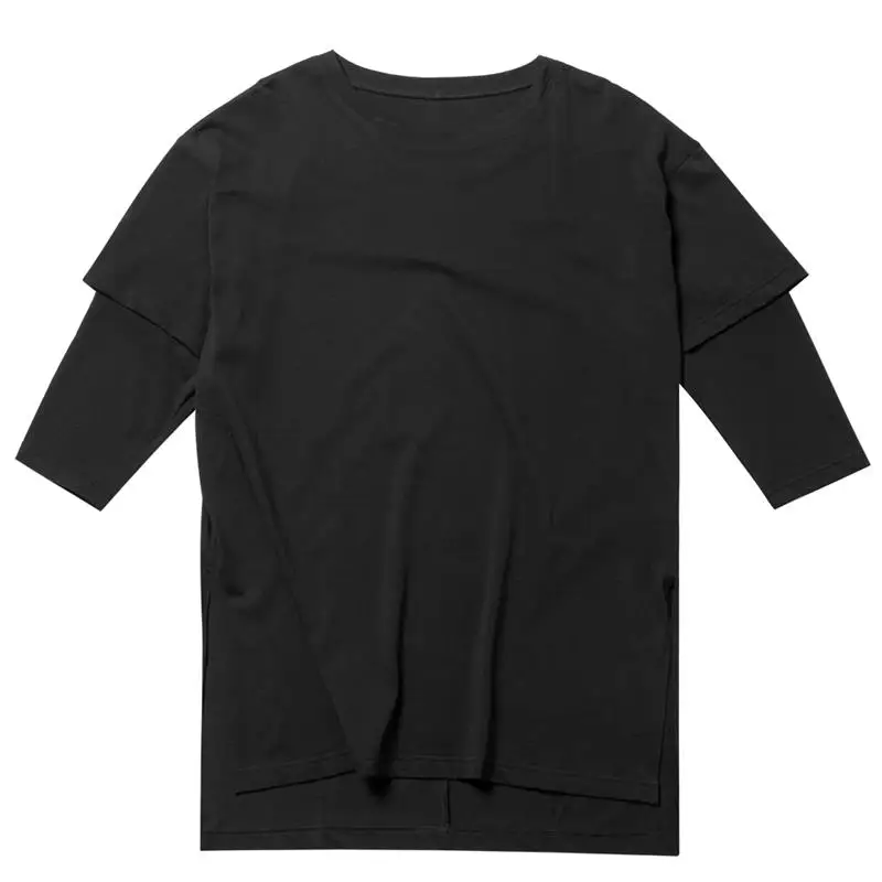 

Men's new black simple long short sleeve double cuff sleeve round collar loose large size T-shirt side slits