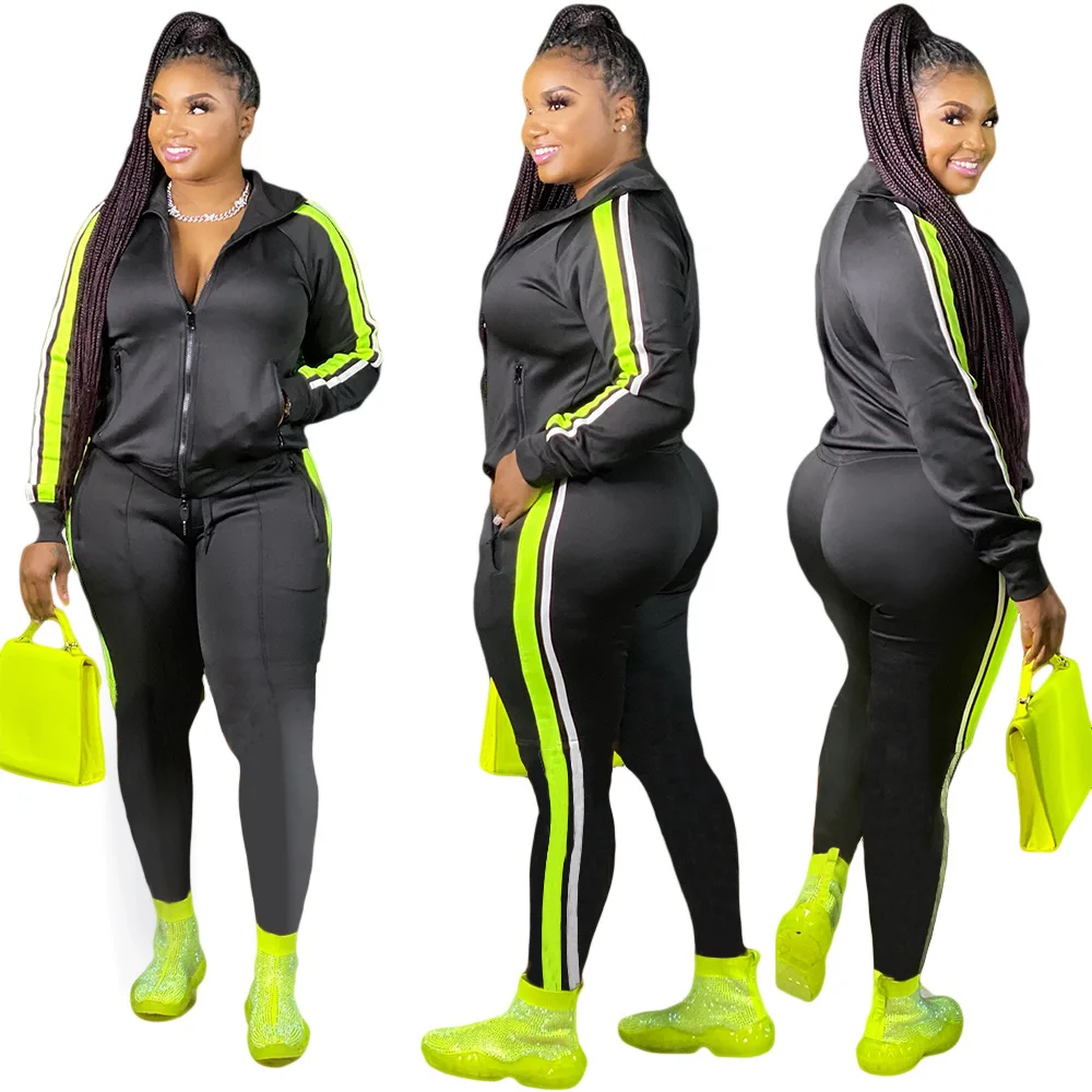 L-4XL Sport large plus size two piece set women clothing Splicing zip long sleeve top and pants suit Wholesale dropshopping