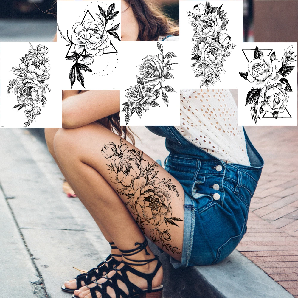 

Geometric Flower Temporary Tattoos Sticker Realistic Fake Waterproof Black Rose Tatoos For Women Girl Body Art Arm Legs Tattoo