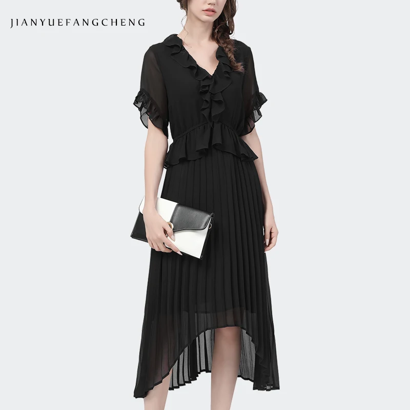 Elegant Women Summer Purple Chiffon Dress High Waist A-line Pleated Long Dress Short Sleeve V-neck Ruffles Party Casual Dresses