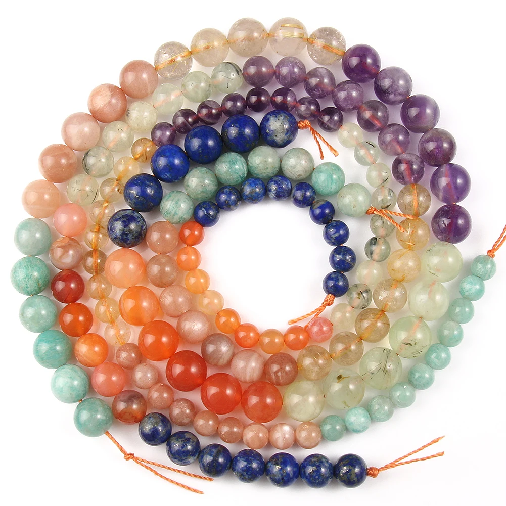 Natural Mixed 7 Chakra Beads Round Loose Stone Beads for Jewelry Making DIY Yoga Bracelet Healing Reiki Energy Jewelry 15\'\'