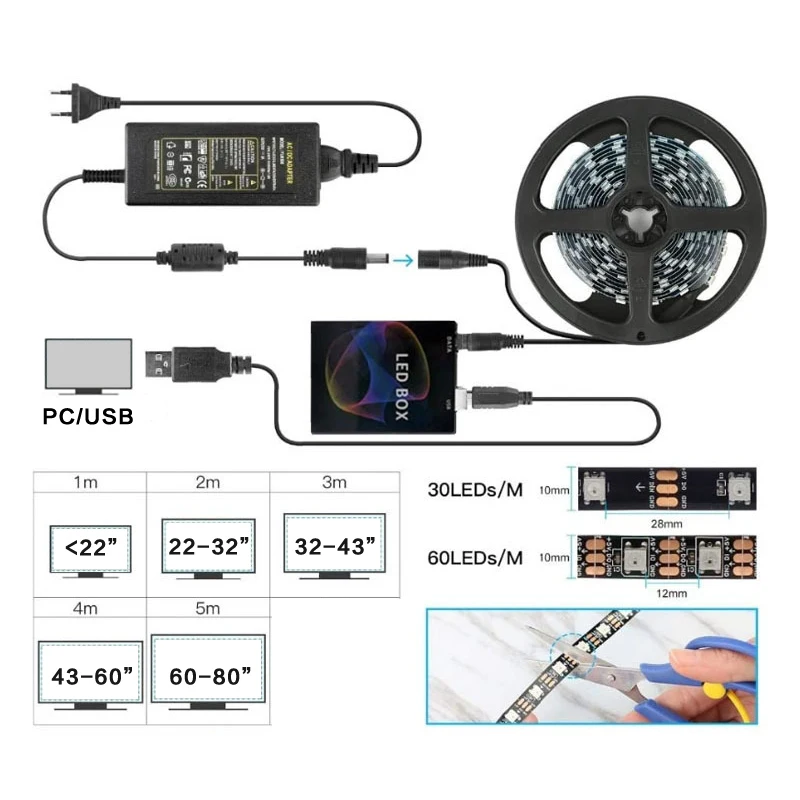 LED Lighting Experience 5V WS2812B Symphony Atmosphere Light Belt Set Synchronize the Color Change of Computer Screen