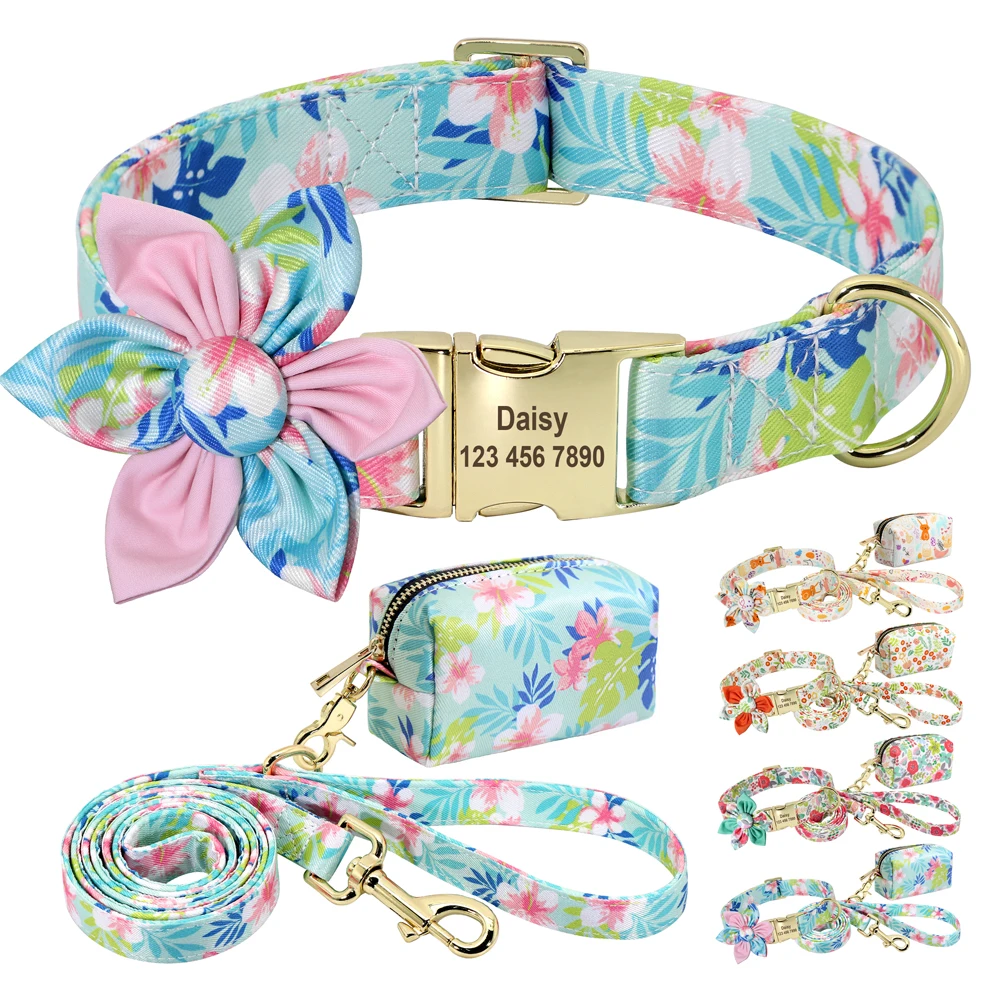 Personalized Dog Collar Leash Poop Bag Set Printed Nylon Custom Dog Collars Free Engraved With Floral For Small Medium Dogs
