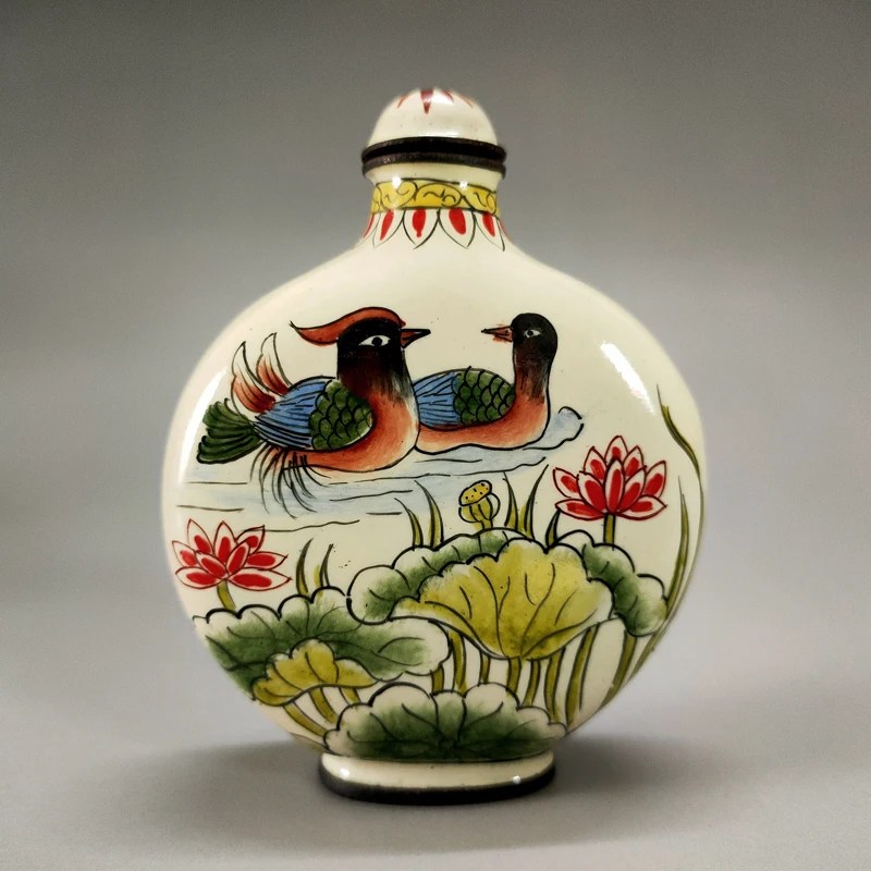 Delicate Chinese Enamel Mandarin Duck & Crane Collection Home Decoration Snuff Bottle with Qianlong Mark