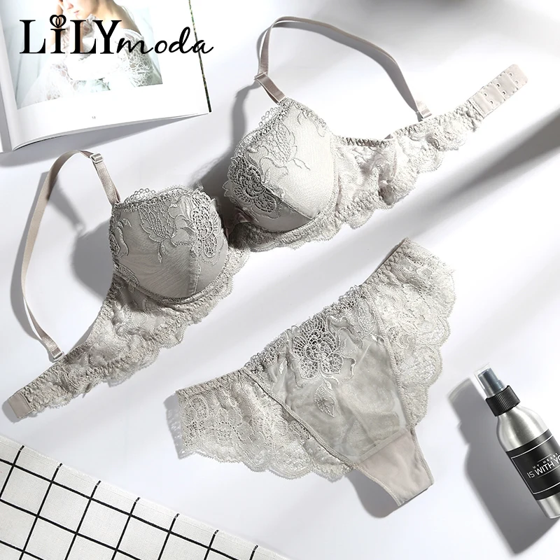 

Lilymoda Women Soft Thin Bra&Thong Sets Sexy Embroidery Lace Female Brassiere Lingerie T Back Seamless Underwear Panty Brief Set