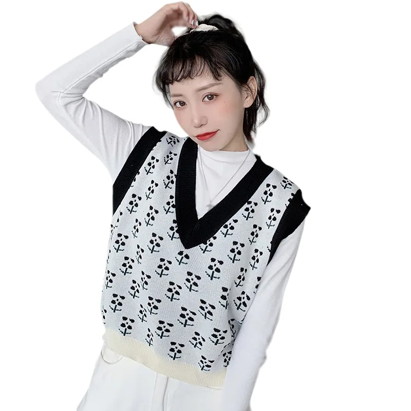 Vintage Women Sweater Vest Autumn Flower  V-neck Sleeveless KnittedLoose Oversized Female Sweater Vest Tops